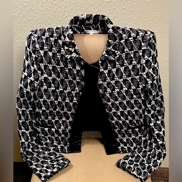 Rebecca Minkoff Tweed Leather Cropped Jacket XS Black White Designer Blazer - Picture 2 of 9